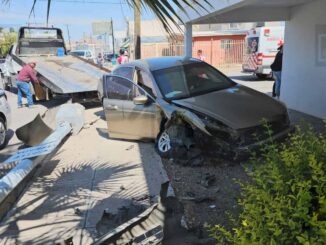 Adulta mayor pierde el control de su auto y derriba luminaria en la colonia Burócrata