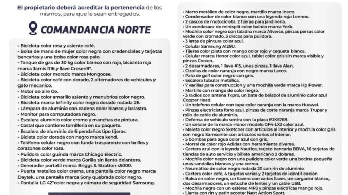 Difunde Policía Municipal lista de objetos recuperados para que sean reclamados sus dueños