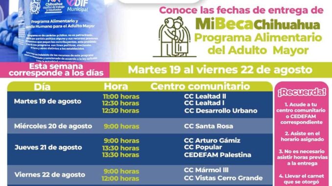Informa DIF Municipal fechas y horarios de entrega PAAM del 19 al 22 de agosto