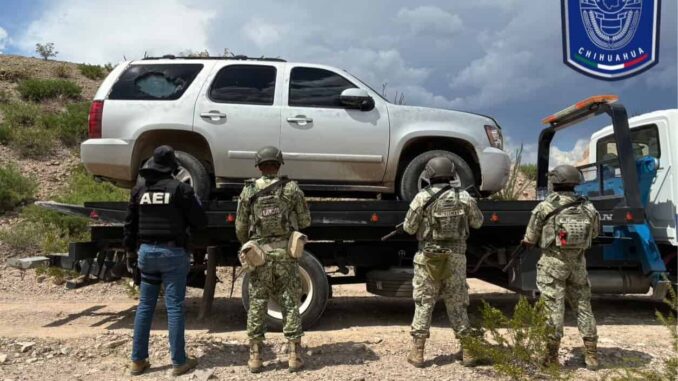 Aseguran AEI y DEFENSA vehículo Tahoe blindado en brecha de Ojinaga