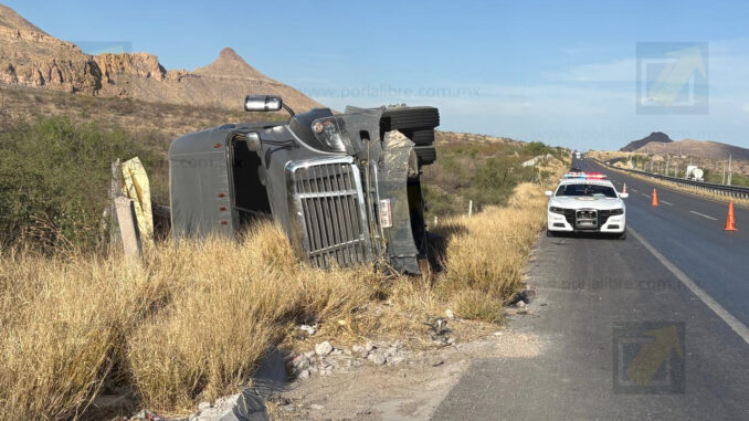 Tráiler cargado con cebolla vuelca en la carretera Delicias