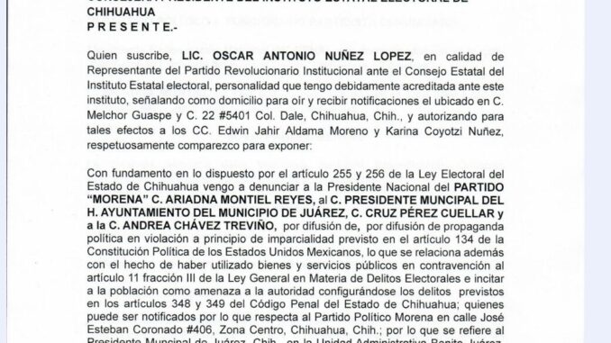 Presenta PRI denuncia ante el IEE por uso político de recursos públicos por parte de alcalde de Juárez
